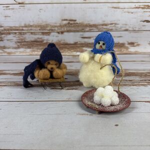 Wooly Snowman Figures Sleds Handmade Figurines Made In Minnesota Lot Of 2
